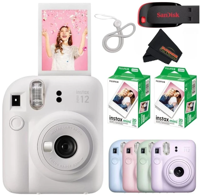 Main image of Instax Mini 12 Instant Camera Clay White with Sandisk 32 GB USB Flash Drive + 40 Sheets Instax Mini Film Bundle, Sunshine Photo Microfiber Cleaning Cloth Included