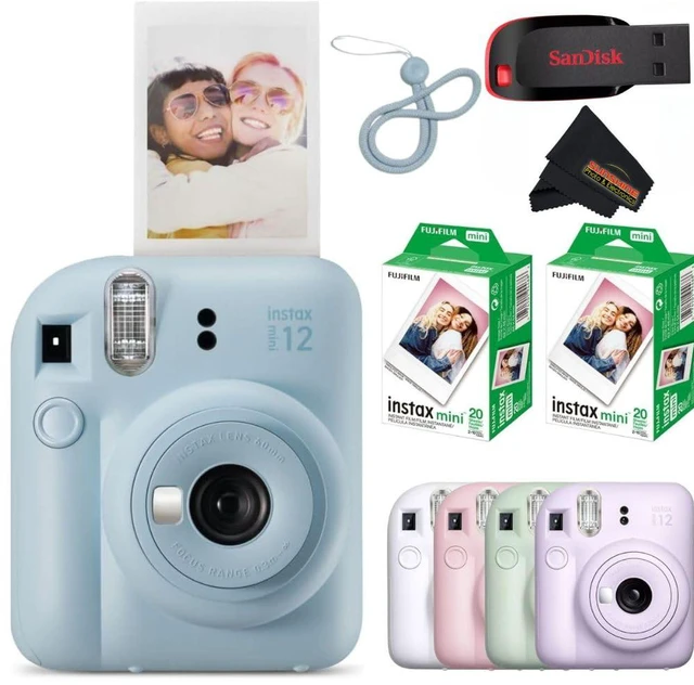 Main image of Instax Mini 12 Instant Camera Pastel Blue with Sandisk 32 GB USB Flash Drive + 40 Sheets Instax Mini Film and Sunshine Photo Microfiber Cleaning Cloth Bundle