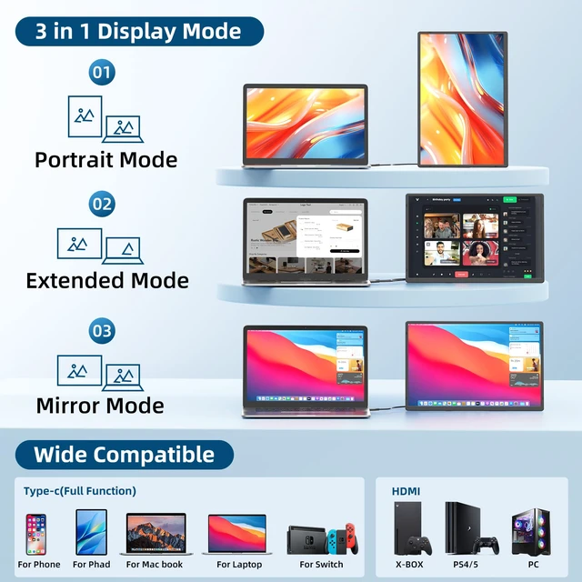 Alt view image 7 of 7 - Portable Monitor, 16 Inch 1200P FHD Laptop Screen Extender Dual Monitor, 360° Rotating Detachable Stand Plug n Play, Ultra Slim Zero Frame, Travel Portable Screen for Laptop/PC/Mac/Windows/PS5