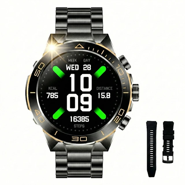 Main image of Men's Smart Watch with Bluetooth Call, 1.43" AMOLED Round Dial, Luxury Stainless Steel & Silicone Bands, Business Sport Fitness Tracker, Heart Rate/Blood Pressure/Sleep Monitor for iOS Android