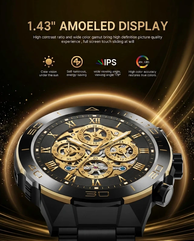Alt view image 4 of 7 - Men's Smart Watch with Bluetooth Call, 1.43" AMOLED Round Dial, Luxury Stainless Steel & Silicone Bands, Business Sport Fitness Tracker, Heart Rate/Blood Pressure/Sleep Monitor for iOS Android