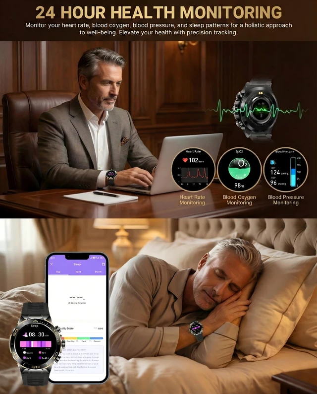 Alt view image 6 of 7 - Men's Smart Watch with Bluetooth Call, 1.43" AMOLED Round Dial, Luxury Stainless Steel & Silicone Bands, Business Sport Fitness Tracker, Heart Rate/Blood Pressure/Sleep Monitor for iOS Android