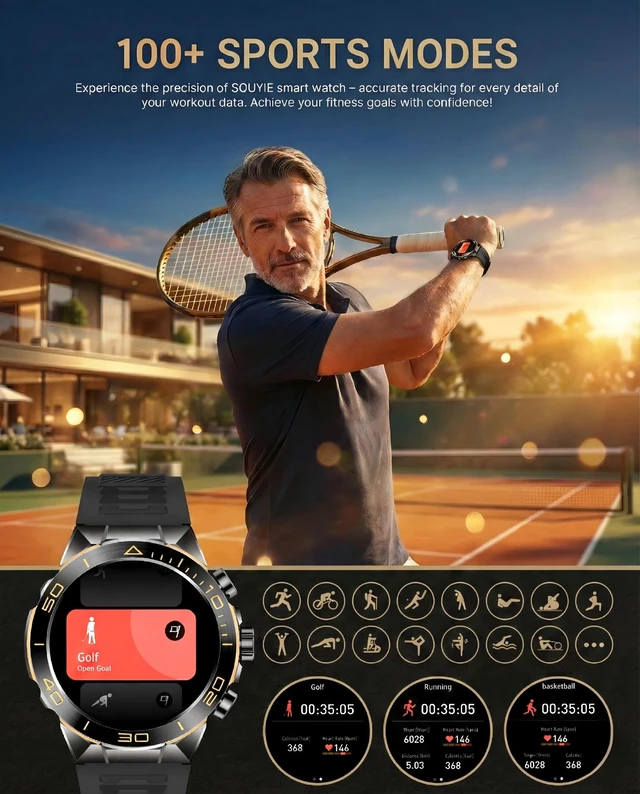 Alt view image 5 of 7 - Men's Smart Watch with Bluetooth Call, 1.43" AMOLED Round Dial, Luxury Stainless Steel & Silicone Bands, Business Sport Fitness Tracker, Heart Rate/Blood Pressure/Sleep Monitor for iOS Android