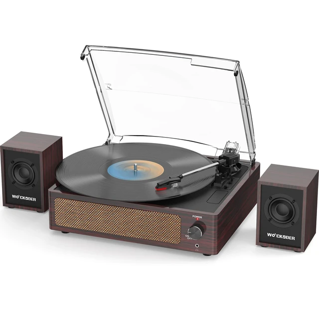 Main image of Record Player with External Bookshelf Speakers Belt-Drive Vintage Turntable for Vinyl Records Passive Dual Stereo Speakers LP Players 3 Speed Wireless AUX Headphone Auto Stop Retro Wooden Dark Red