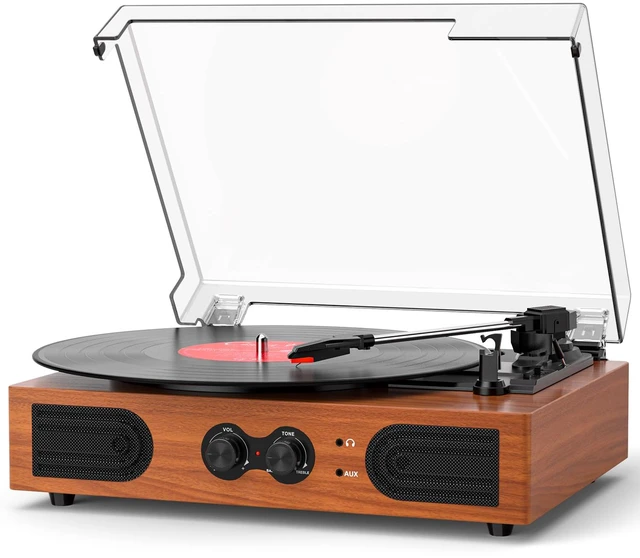 Main image of Vinyl Record Player with Built-in Stereo Speakers, 3-Speed Belt-Drive Turntable, Treble & Bass Control, RCA-Out/AUX-in, Headphone Jack Vintage LP Player, Red Wood
