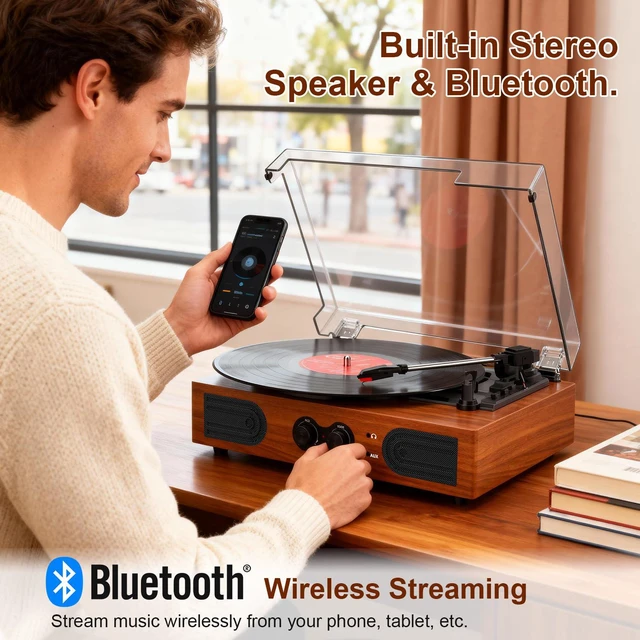 Alt view image 2 of 4 - Vinyl Record Player with Built-in Stereo Speakers, 3-Speed Belt-Drive Turntable, Treble & Bass Control, RCA-Out/AUX-in, Headphone Jack Vintage LP Player, Red Wood