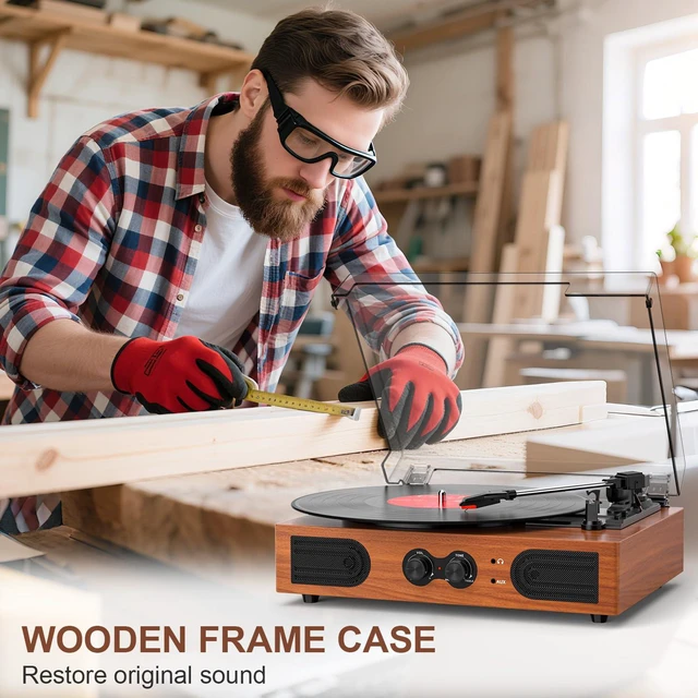 Alt view image 3 of 4 - Vinyl Record Player with Built-in Stereo Speakers, 3-Speed Belt-Drive Turntable, Treble & Bass Control, RCA-Out/AUX-in, Headphone Jack Vintage LP Player, Red Wood