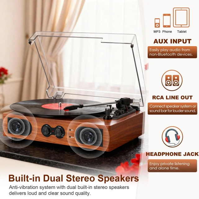 Alt view image 4 of 4 - Vinyl Record Player with Built-in Stereo Speakers, 3-Speed Belt-Drive Turntable, Treble & Bass Control, RCA-Out/AUX-in, Headphone Jack Vintage LP Player, Red Wood