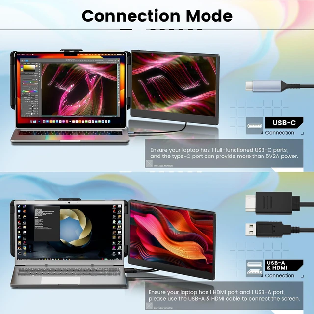 Alt view image 6 of 7 - 14" Laptop Monitor Extender, FHD 1080P IPS Dual Laptop Screen Extender, HDMI/USB-A/Type-C Plug and Play for Windows, Mac, Chrome, Android, Xbox, Switch, PS5, Work with 13.3-17 Laptops