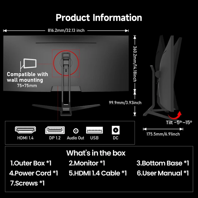 Alt view image 6 of 7 - Gaming Monitor 34 inch IPS 120Hz, Ultrawide PC Screen 2560×1080P Ultra-Thin Zero Frame Computer Display for Home Office Business, DP, HDMI, Wall-Mounted, Black