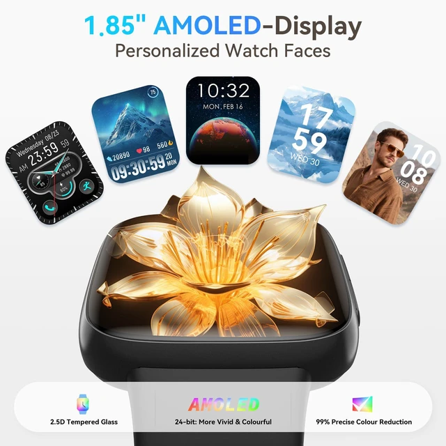 Alt view image 2 of 7 - Smart Watch for Men/Women, Answer/Make Call, 1.85" AMOLED Always-On Screen Compatible iPhone/Android, Fitness Tracker with Heart Rate/Sleep/SpO2 Monitor, 120+ Sport Mode, 3ATM Waterproof, 2 Bands