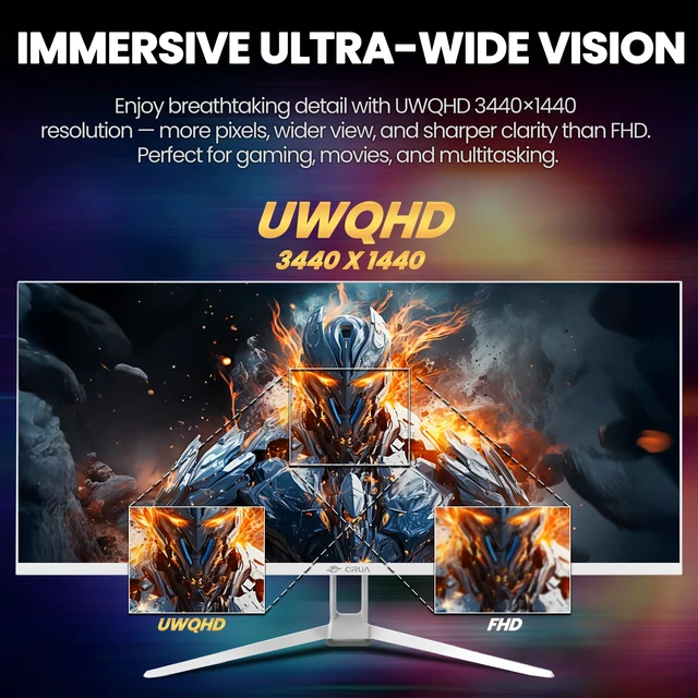 Alt view image 5 of 7 - 34'' White Gaming Monitor, 165HZ/144HZ, WQHD(3440x1440P) IPS UltraWide Screen Computer Monitors with Built-in Speakers, Supports FreeSync, 120% sRGB, HDMI 2.0 & DP 1.4, Wall Mountable Installs