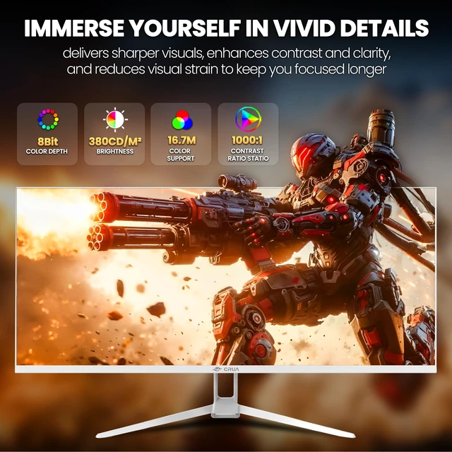 Alt view image 3 of 7 - 34'' White Gaming Monitor, 165HZ/144HZ, WQHD(3440x1440P) IPS UltraWide Screen Computer Monitors with Built-in Speakers, Supports FreeSync, 120% sRGB, HDMI 2.0 & DP 1.4, Wall Mountable Installs