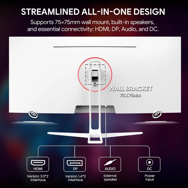 Alt view image 6 of 7 - 34'' White Gaming Monitor, 165HZ/144HZ, WQHD(3440x1440P) IPS UltraWide Screen Computer Monitors with Built-in Speakers, Supports FreeSync, 120% sRGB, HDMI 2.0 & DP 1.4, Wall Mountable Installs