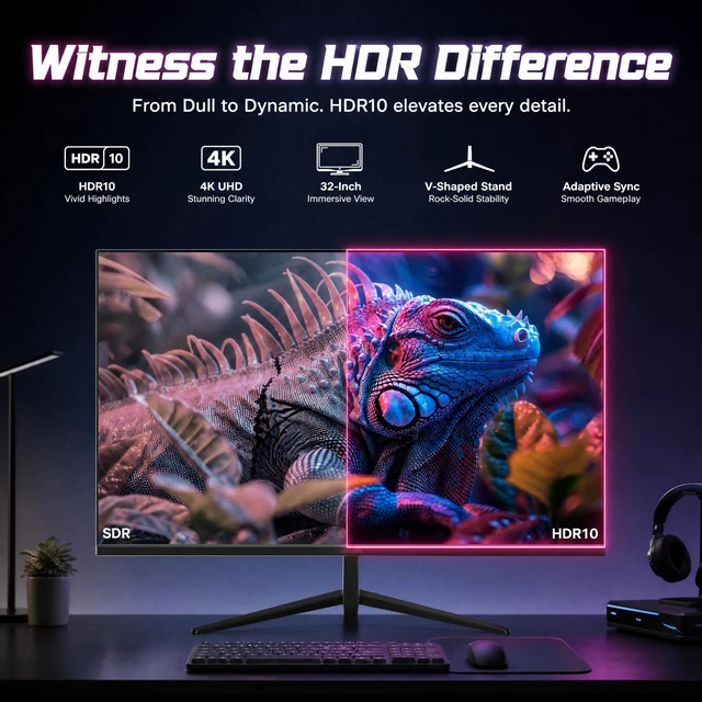 Alt view image 4 of 7 - 32 Inch 4K UHD (3840 x 2160) Monitor, PC Monitor 60Hz, Computer Monitor, HDR 10, DP HDMI VESA