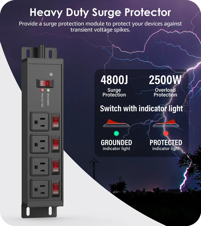 Alt view image 3 of 7 - 12 Gauge Long Extension Cord, Individual Switches, Black, 50FT. Multiple Outlets, Heavy Duty Surge Protector Power Strip, Outdoor, Grounded, Appliance, Garage Wall Mount Plug Extender