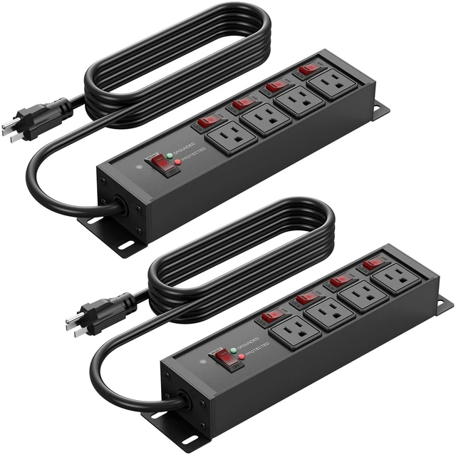 Main image of 2PCS Heavy Duty Power Strip Surge Protector 20 AMP Individual Switches. 12 Gauge Extension Cord with Multiple Outlets. Garage, Shop, Industrial Wall Mount Electric Extender. 10FT, Black