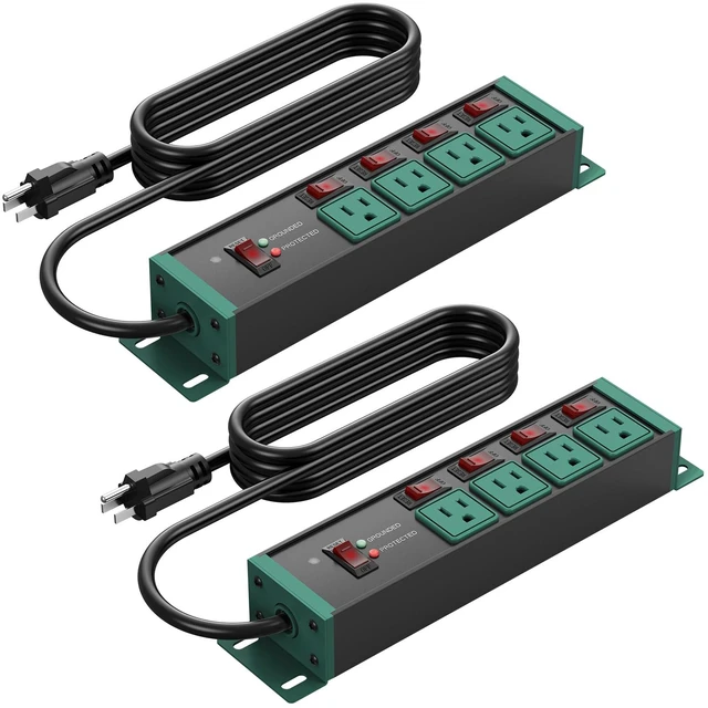 Main image of 2PCS Heavy Duty Power Strip Surge Protector 20 AMP Individual Switches. 12 Gauge Extension Cord with Multiple Outlets. Garage, Shop, Industrial Wall Mount Electric Extender. 15FT, Green
