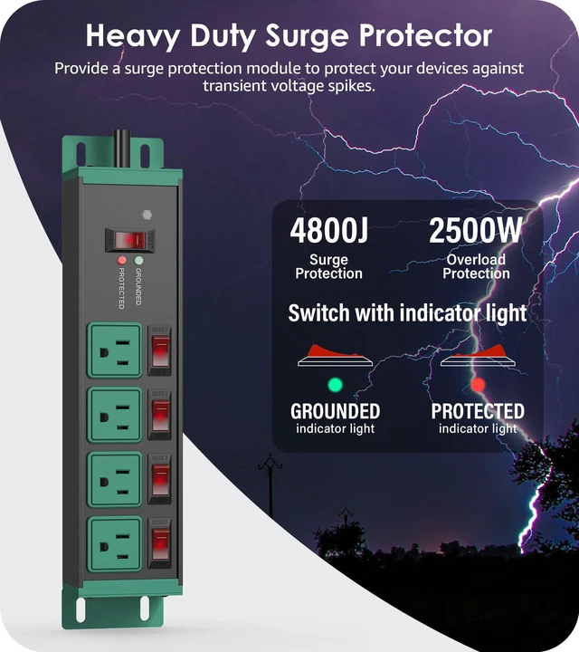 Alt view image 2 of 4 - 2PCS Heavy Duty Power Strip Surge Protector 20 AMP Individual Switches. 12 Gauge Extension Cord with Multiple Outlets. Garage, Shop, Industrial Wall Mount Electric Extender. 15FT, Green