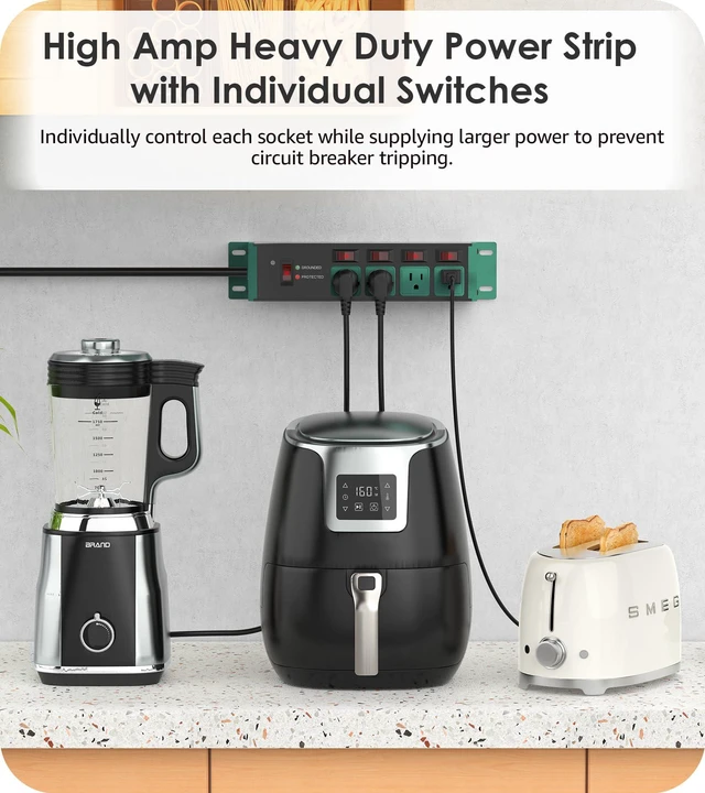 Alt view image 3 of 4 - 2PCS Heavy Duty Power Strip Surge Protector 20 AMP Individual Switches. 12 Gauge Extension Cord with Multiple Outlets. Garage, Shop, Industrial Wall Mount Electric Extender. 15FT, Green