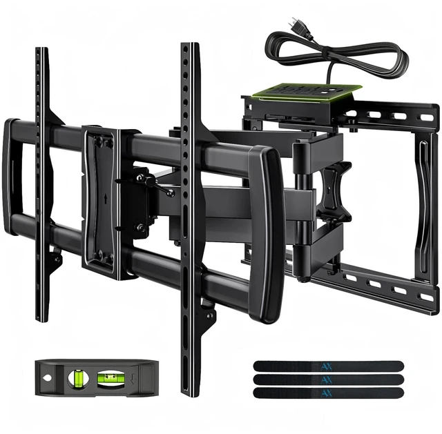 Main image of Full Motion TV Wall Mount Bracket with Power Outlet for Most 32-85 inch TV,TV Mount Dual Articulating Arms,Tilt/Swivel/Extension/Leveling,Fits 8 12 16" Studs,Max Vesa 600x400mm, Holds up to 132lbs