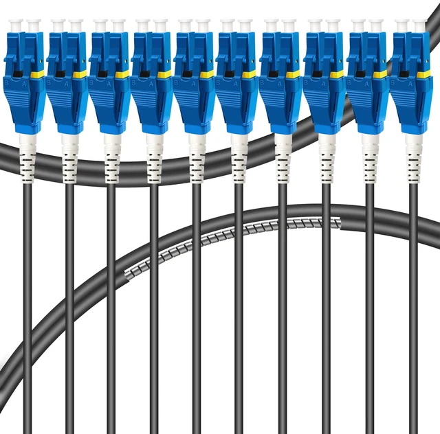 Main image of 10-Pack - 1m Uniboot LC to LC Armored Fiber Patch Cable, Singlemode 9/125um Fiber Optic Cable Jumper Optical Patch Cord, Duplex, (OS1/OS2 Compatible), LSZH Black