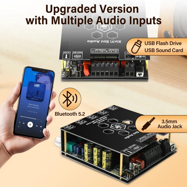 Alt view image 4 of 4 - AS21HPA 2.1 Channel Bluetooth Amplifier Board, 300W*2+600W Peak Power Home Audio Amplifier Board, Amp Wide Voltage Input 19-51V,Supports USB/AUX/BT Input for DIY Wireless Speaker