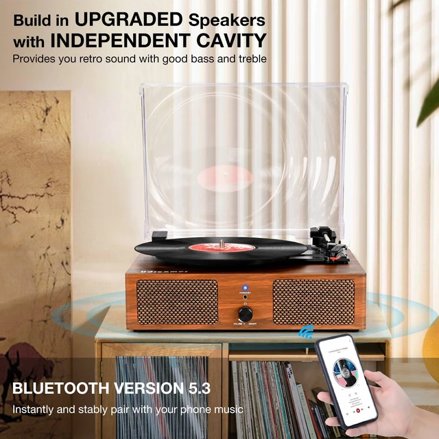 Alt view image 2 of 4 - Vinyl Record Player with Upgraded Speakers and USB,Belt-Driven Bluetooth Turntable with 3 Speed AUX Input Headphone Jack and RCA Output