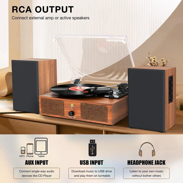Alt view image 3 of 4 - Vinyl Record Player with Upgraded Speakers and USB,Belt-Driven Bluetooth Turntable with 3 Speed AUX Input Headphone Jack and RCA Output