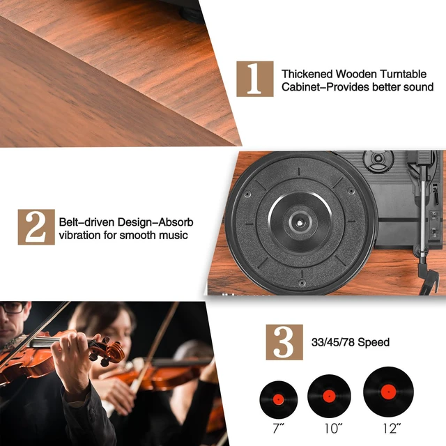 Alt view image 4 of 4 - Vinyl Record Player with Upgraded Speakers and USB,Belt-Driven Bluetooth Turntable with 3 Speed AUX Input Headphone Jack and RCA Output
