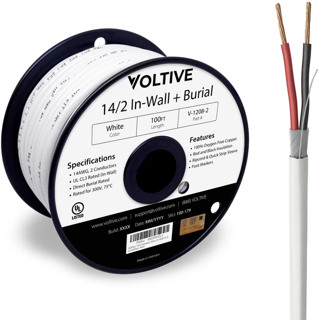 Main image of 14/2 Speaker Wire, in-Wall CL3 & Direct Burial, White, 100ft - 14AWG, 2 Conductors, Stranded Oxygen-Free Copper, UL Listed - V-1208-2
