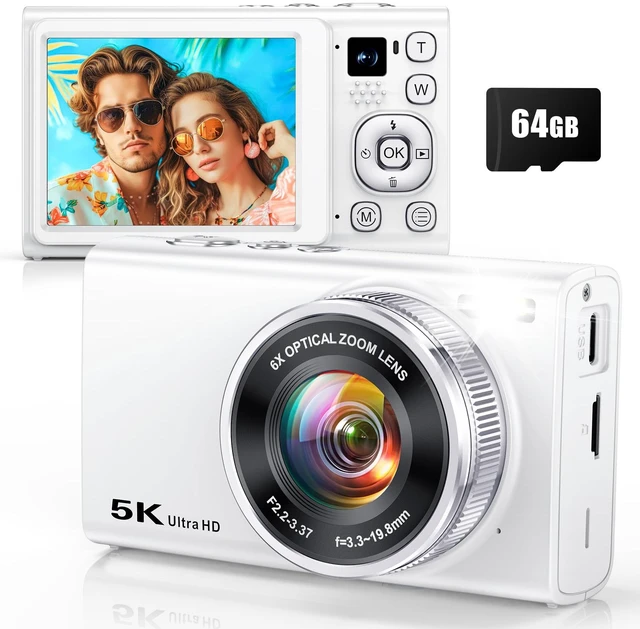 Main image of 5K Digital Camera for Photography with 6X Optical Zoom, 2026 Latest 96MP Autofocus Vlogging Camera for YouTube with Dual Lens, Anti-Shake, Flash, Compact Small Travel Cameras with 64GB Card, White