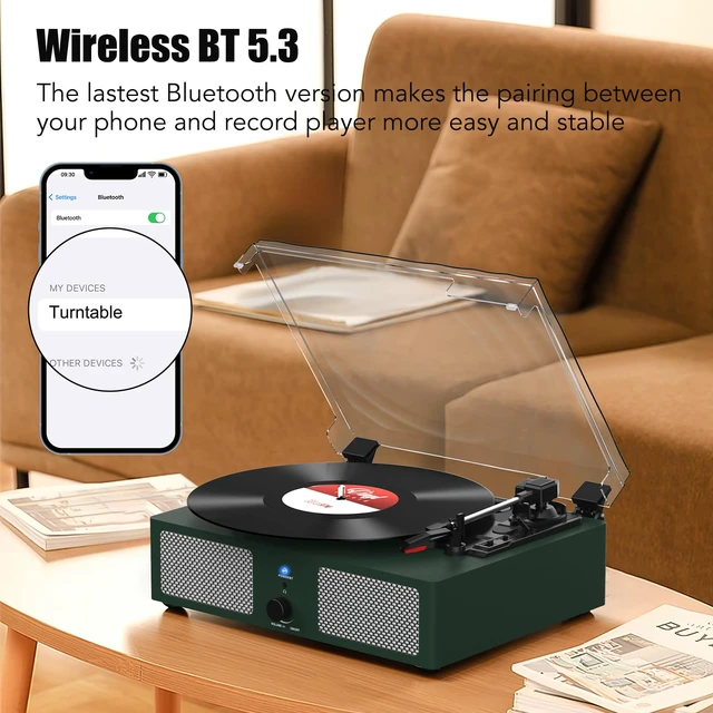 Alt view image 2 of 4 - Vinyl Record Player with Built-in Speakers and USB,Belt-Driven Bluetooth Turntable with 3 Speed AUX Input Headphone Jack and RCA Output Vintage Wooden DarkGreen