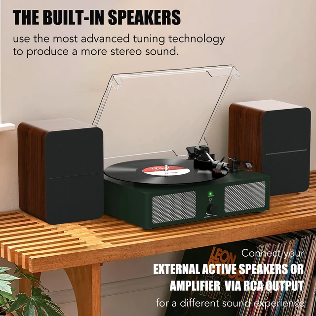 Alt view image 3 of 4 - Vinyl Record Player with Built-in Speakers and USB,Belt-Driven Bluetooth Turntable with 3 Speed AUX Input Headphone Jack and RCA Output Vintage Wooden DarkGreen