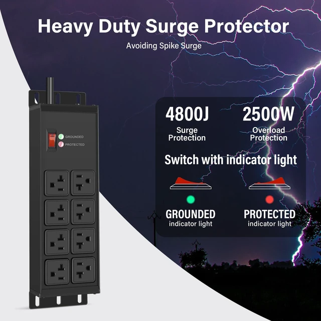 Alt view image 2 of 4 - 2PCS Heavy Duty Power Strip Surge Protector 20 AMP, 8 Outlets 12 Gauge Shop Garage Metal Multiple Outlets, 4 FT Extension Cord 5-15P Adapter High Amp 6-20R T-Slot 20a for Appliance Black