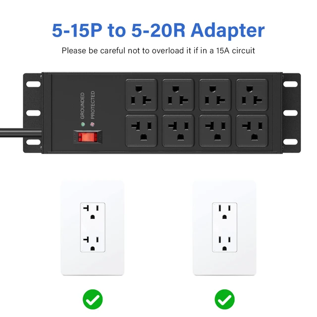 Alt view image 4 of 4 - Magnetic Heavy Duty Power Strip Surge Protector 20Amp, 12 Gauge High Amp Extension Outlets, Garage Wall Mount 8 Plug Metal Power Strip. 25FT, Black, 5-15P Adapter 6-20R T-Slot 20a for Appliance
