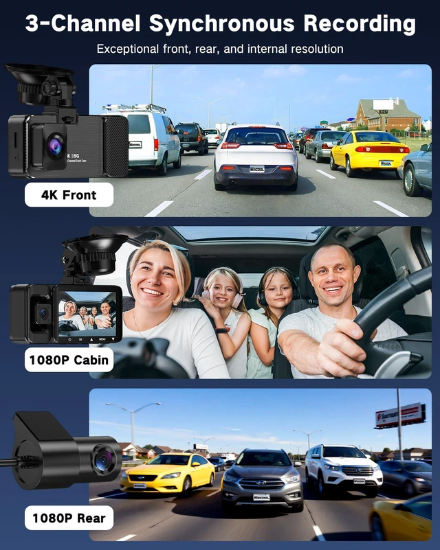 Alt view image 2 of 4 - 3 Channel 4K Dash Cam, Dash Cam Front and Rear Inside 170°/150°/150° Wide Angle View, Dash Camera for Cars with 64GB Card Included, Loop Recording, Night Vision, G-Sensor, 5GHz WiFi, 24Hr Parking