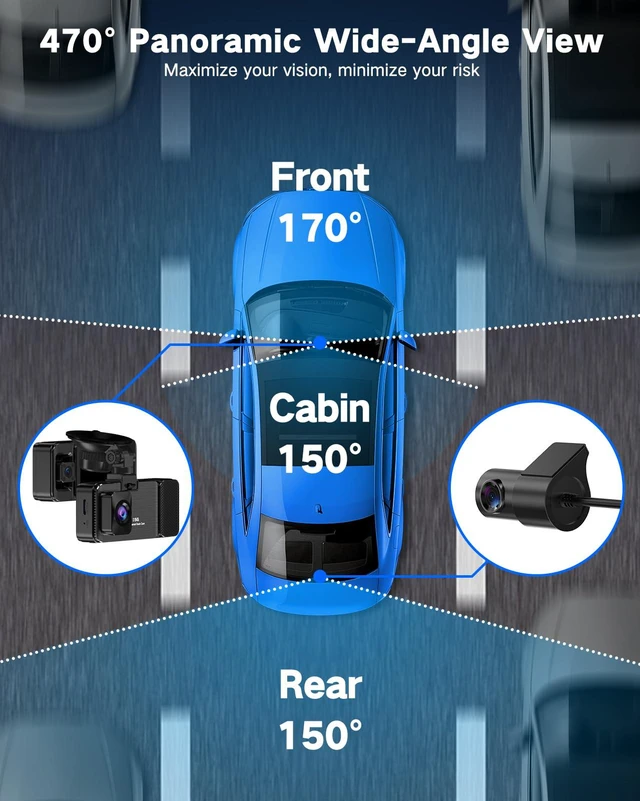 Alt view image 3 of 4 - 3 Channel 4K Dash Cam, Dash Cam Front and Rear Inside 170°/150°/150° Wide Angle View, Dash Camera for Cars with 64GB Card Included, Loop Recording, Night Vision, G-Sensor, 5GHz WiFi, 24Hr Parking