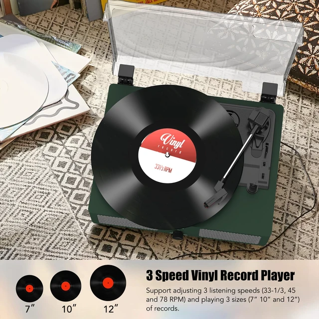 Alt view image 4 of 4 - Vinyl Record Player with Built-in Speakers and USB,Belt-Driven Bluetooth Turntable with 3 Speed AUX Input Headphone Jack and RCA Output Vintage Wooden DarkGreen