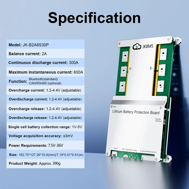 Alt view image 2 of 4 - JK-B2A8S30P Smart BMS 300A (3S-8S) - 2A Active Balancer for 12V/24V LiFePO4 Battery Pack, Golf Cart Upgrade & Massive Solar Build