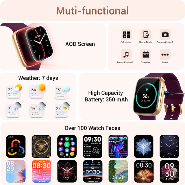 Alt view image 6 of 6 - Smart Watch for Women/Men, Answer/Make Call, 1.85" AMOLED Always-On Screen Compatible iPhone/Android, Fitness Tracker with Heart Rate/Sleep/SpO2 Monitor, 120+ Sport Mode, 3ATM Waterproof, 2 Bands