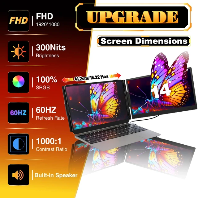 Alt view image 3 of 7 - Laptop Screen Extender 0.27" Ultra-Thin, 14" FHD 1080P IPS Lightweight Dual Portable Monitor, USB-C/HDMI Plug & Play for 13-17" Laptops, Travel screen compatible with Windows/Mac/Chrome/Switch/Android