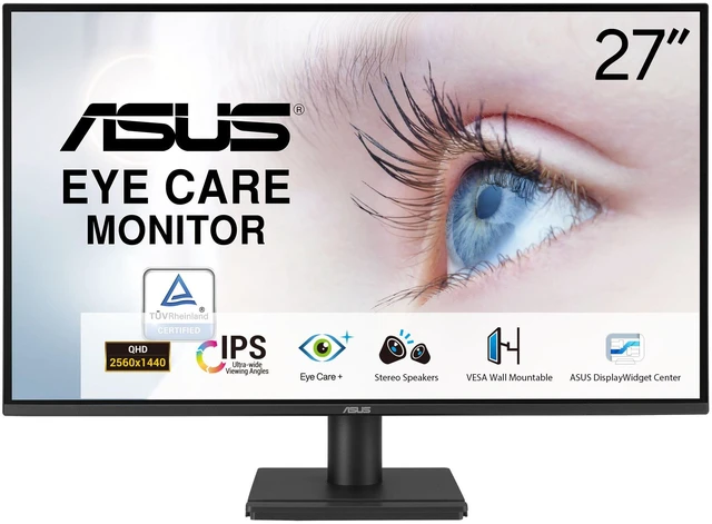 Main image of 27 1440P Eye Care Monitor (VA27AQ) - IPS, QHD (2560 x 1440), 99% sRGB, Frameless, HDMI, DisplayPort, VGA, 1ms, Speakers, Low Blue Light, Flicker Free, VESA Wall Mountable