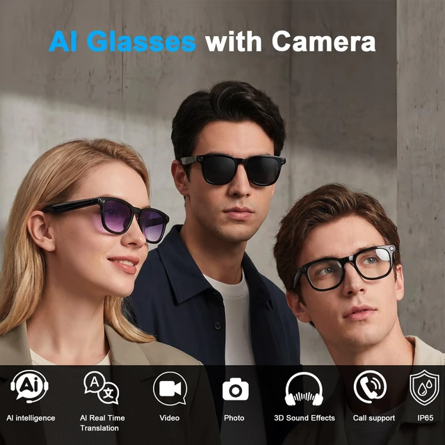 Alt view image 2 of 7 - AI Smart Glasses with Camera, 8MP HD Bluetooth Camera Glasses, 1080P Video Recording Sunglasses for Women Men, Real Time Translation, Voice Assistant, Open Earbuds for Travel, Work Vlog (3 lenses)