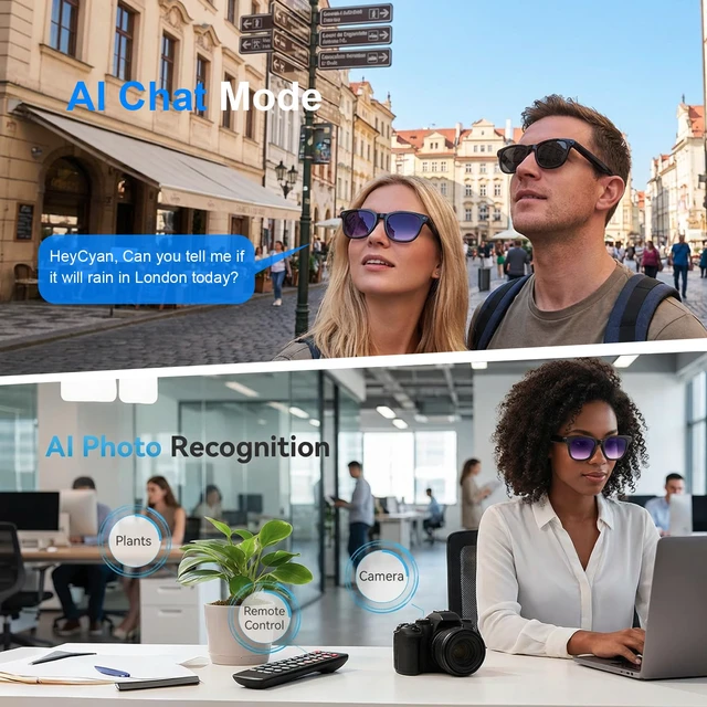Alt view image 3 of 7 - AI Smart Glasses with Camera, 8MP HD Bluetooth Camera Glasses, 1080P Video Recording Sunglasses for Women Men, Real Time Translation, Voice Assistant, Open Earbuds for Travel, Work Vlog (3 lenses)