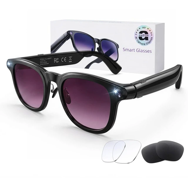 Main image of AI Smart Glasses with Camera, 8MP HD Bluetooth Camera Glasses, 1080P Video Recording Sunglasses for Women Men, Real Time Translation, Voice Assistant, Open Earbuds for Travel, Work Vlog (3 lenses)