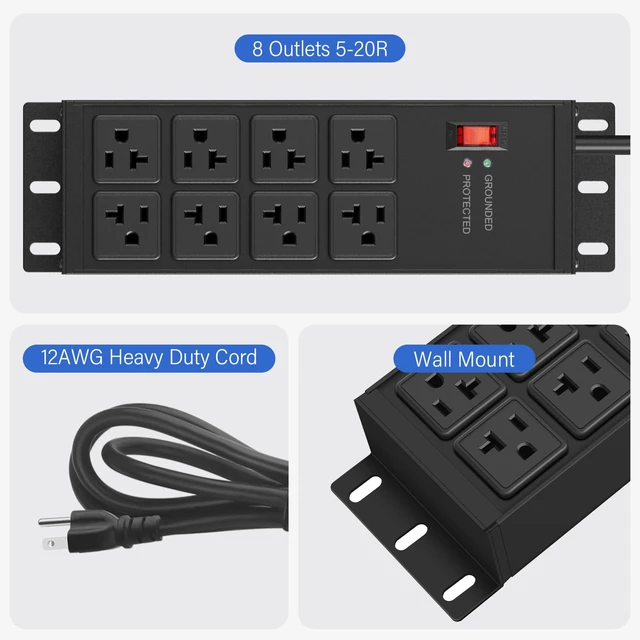 Alt view image 3 of 4 - 2PCS Heavy Duty Power Strip Surge Protector 20 AMP, 8 Outlets 12 Gauge Shop Garage Metal Multiple Outlets, 4 FT Extension Cord 5-15P Adapter High Amp 6-20R T-Slot 20a for Appliance Black