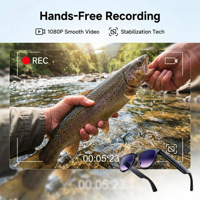 Alt view image 6 of 7 - AI Smart Glasses with Camera, 8MP HD Bluetooth Camera Glasses, 1080P Video Recording Sunglasses for Women Men, Real Time Translation, Voice Assistant, Open Earbuds for Travel, Work Vlog (3 lenses)