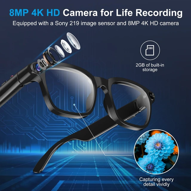 Alt view image 3 of 7 - AI Smart Glasses with 8MP Camera, 4K Video, Photo Capture, Real-Time Translation, Recording, AI Assistant, Open-Ear Audio, Bluetooth, Object Recognition, Replaceable Sunglasses Lenses for Men Women