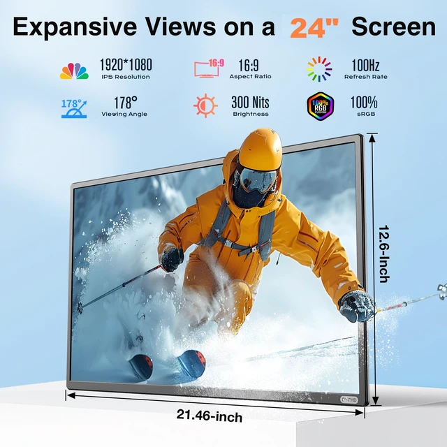 Alt view image 2 of 7 - 24" Large Portable Monitor, 1080P FHD 100Hz IPS Monitor, Height-Adjustable & Rotatable Screen(Horizontal/Vertical), Built-in Speakers, Requires Wall Outlet, Travel Monitor for Laptop / MacBook / PC